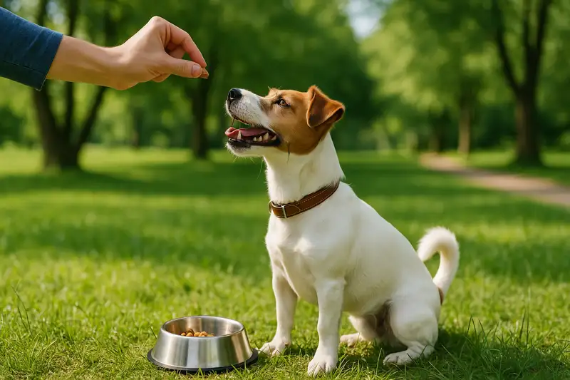 „Jack Russell Terrier beim Training im Park – Hund sitzt aufmerksam auf der Wiese und schaut konzentriert auf ein Leckerli in der Hand des Besitzers.“