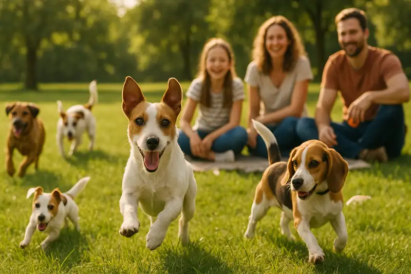 „Jack Russell Terrier spielt ausgelassen im Park mit anderen Hunden, während Kinder und Erwachsene im Hintergrund lachen – zeigt die sozialen Bedürfnisse des Jack Russell Terriers nach Hundekontakten und Familiennähe.“