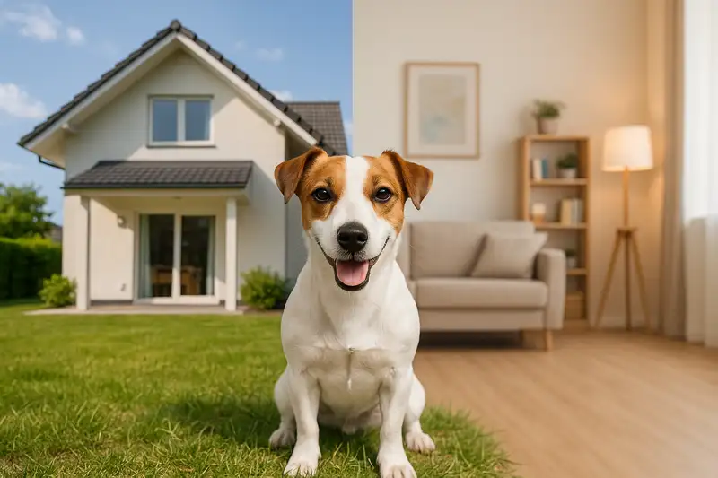 „Jack Russell Terrier sitzt glücklich vor zwei Wohnsituationen – links Einfamilienhaus mit Garten, rechts moderne Wohnung – zeigt, dass der Jack Russell sowohl im Haus als auch in der Wohnung als Familienhund gut leben kann.“