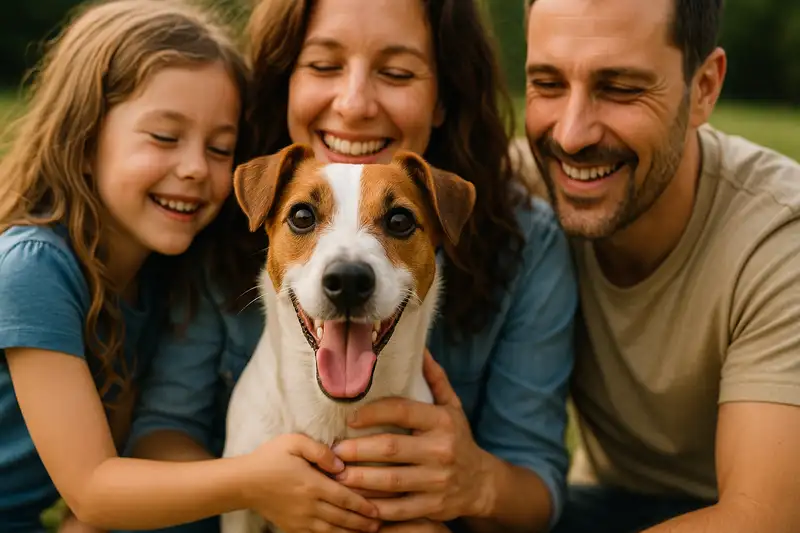 „Glückliche Familie mit einem fröhlich lachenden Jack Russell Terrier im Mittelpunkt, gemeinsam draußen auf einer Wiese, warme Sonnenstrahlen betonen die Harmonie und Nähe.“