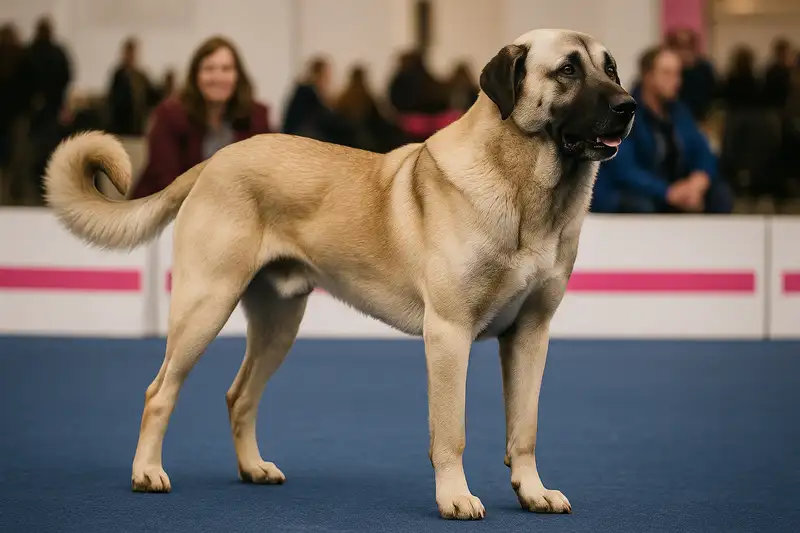 „Kangal Hund auf Hundeausstellung – majestätisch aufgebauter anatolischer Hirtenhund in voller Ausstellungspose, kräftiger Körperbau.“