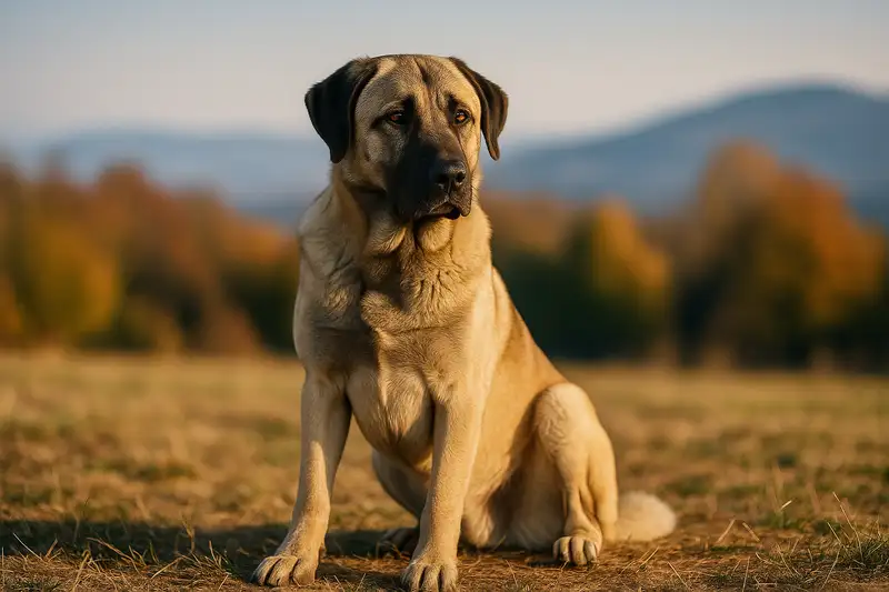 „Kangal Hund im Breitbild – anatolischer Hirtenhund mit sandfarbenem Fell und schwarzer Maske sitzt majestätisch im Feld, verkörpert Stärke, Ruhe und Wachsamkeit.“