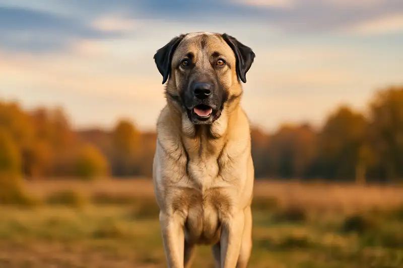 „Kangal Hund steht majestätisch im Zentrum einer Wiese – anatolischer Hirtenhund mit sandfarbenem Fell und schwarzer Maske hebt sich eindrucksvoll vom herbstlichen Hintergrund ab.“