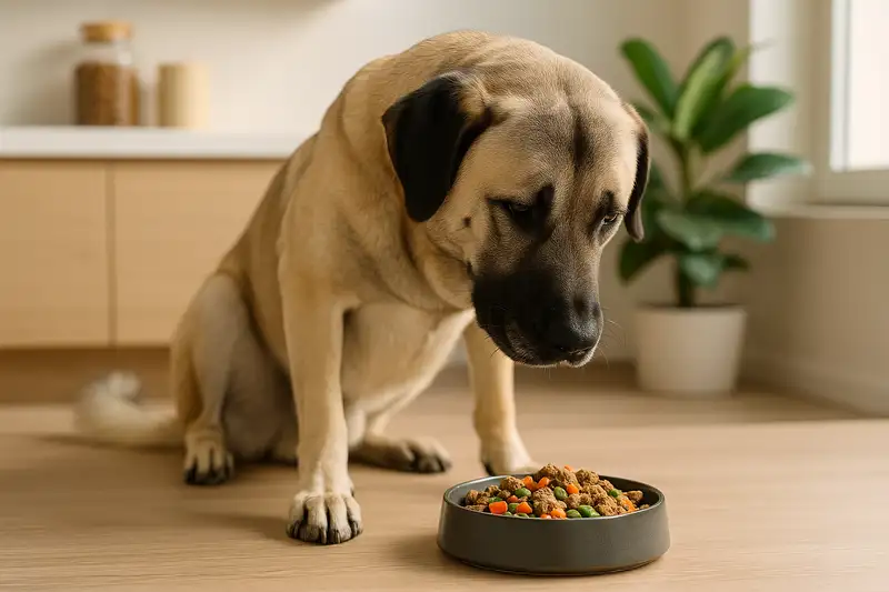 „Kangal Hund beim Füttern – anatolischer Hirtenhund frisst gesundes Hundefutter mit Gemüse aus Napf in moderner Küche.“