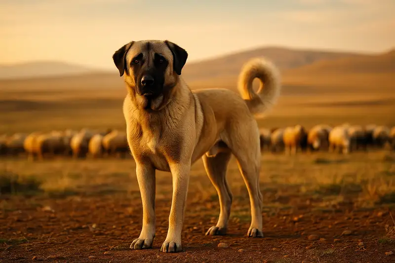 „Kangal Hund in anatolischer Steppe – anatolischer Hirtenhund mit sandfarbenem Fell und schwarzer Maske steht majestätisch vor Schafherde im Sonnenuntergang.“