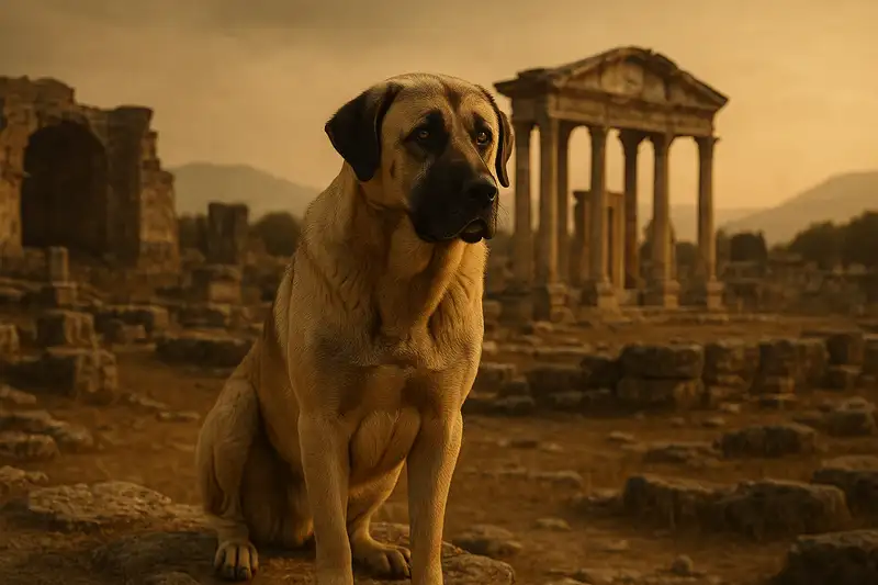 „Kangal Hund vor antiken Ruinen in Anatolien – anatolischer Hirtenhund mit schwarzer Maske und sandfarbenem Fell im Breitbild, nostalgischer historischer Hintergrund.“