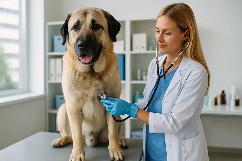„Kangal Hund bei Routineuntersuchung – anatolischer Hirtenhund sitzt auf Untersuchungstisch, Tierärztin hört ihn mit Stethoskop ab, moderne Praxis im Hintergrund.“
