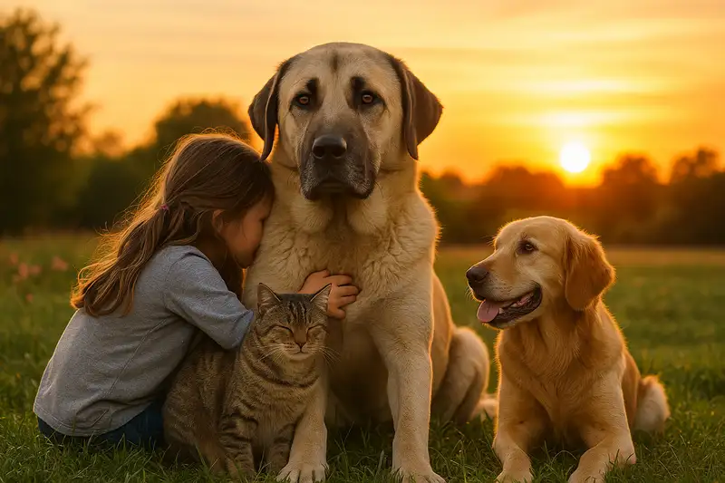 „Kangal Hund mit sozialen Bedürfnissen – anatolischer Hirtenhund sitzt harmonisch mit Kind, Katze und Golden Retriever im Sonnenuntergang, emotional und ausdrucksstark.“