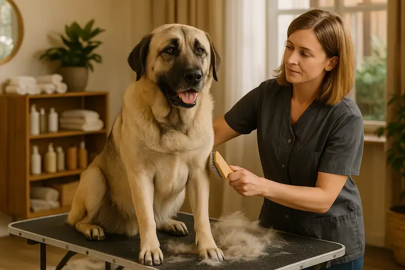 „Kangal Hund beim Hundefriseur – anatolischer Hirtenhund sitzt im dekorierten Salon auf Grooming-Tisch, wird professionell gebürstet und gepflegt.“
