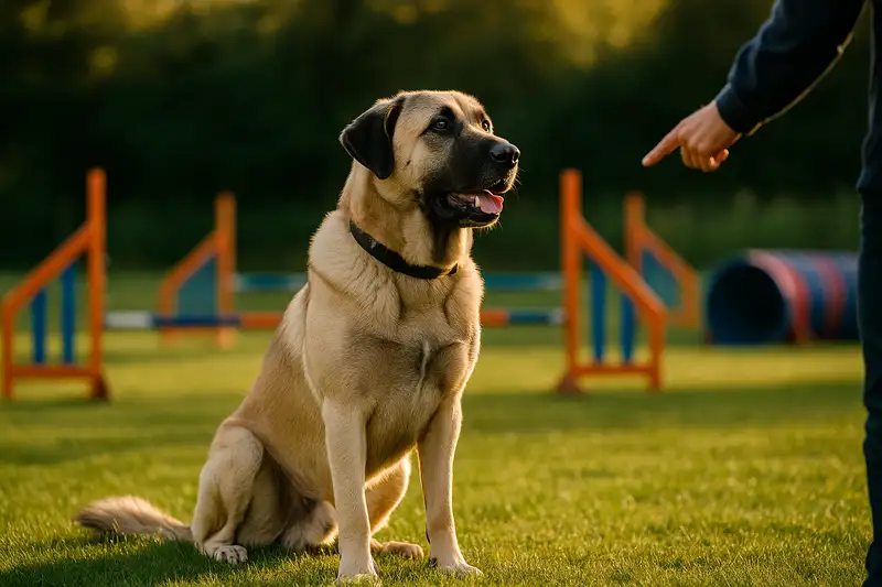 „Kangal Hund beim Training – anatolischer Hirtenhund sitzt aufmerksam auf Hundeplatz, fixiert Trainerin, Agility-Geräte im Hintergrund.“