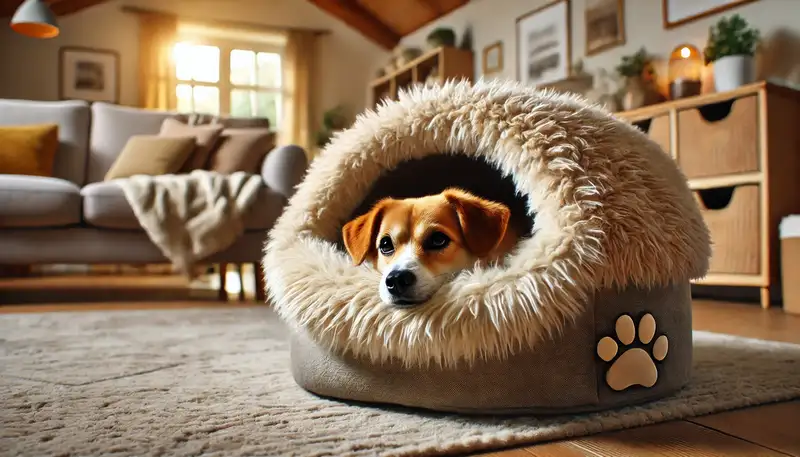 „Ein glücklicher Hund, der gemütlich in einer weichen Kuschelhöhle für Hunde liegt. Die Höhle steht in einem warmen Wohnzimmer, das dem Hund einen sicheren und komfortablen Rückzugsort bietet.“