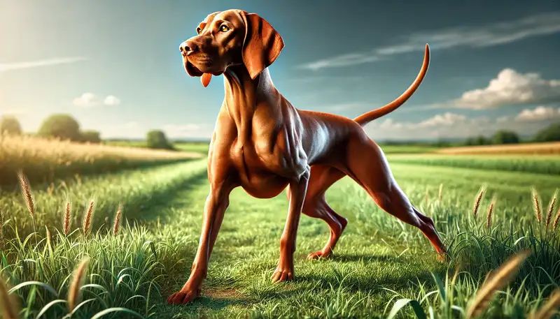 Magyar Vizsla im Freien, in aufmerksamer Haltung mit glänzendem, goldbraunem Fell. Umgeben von grünem Gras und blauem Himmel, strahlt der Hund Energie und Eleganz aus, ideal für aktive Familien und Abenteurer.