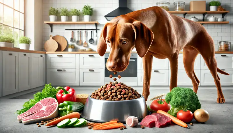 Magyar Vizsla frisst aus einem hochwertigen Napf, umgeben von frischen, gesunden Zutaten wie Fleisch, Gemüse und Getreide, in einer hellen modernen Küche, betont die Bedeutung einer ausgewogenen Ernährung.