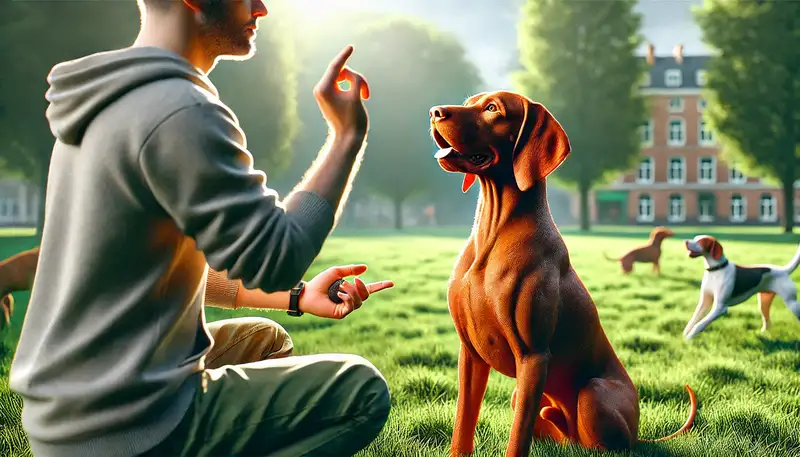 Magyar Vizsla sitzt aufmerksam vor seinem Besitzer in einem Park, während es mit positiver Verstärkung trainiert wird, umgeben von grüner Natur und Sonnenlicht.