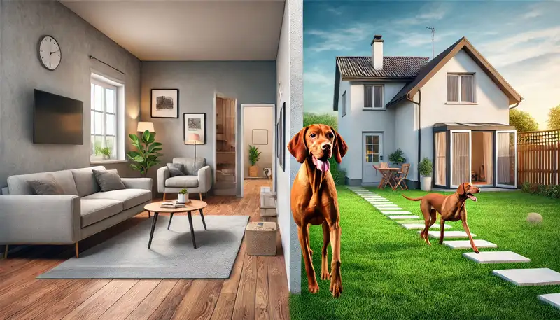 Zweigeteiltes Bild eines Magyar Vizsla: links in einer gemütlichen Wohnung mit Sofa, rechts in einem Haus mit Garten, das den Hund als Verbindung zwischen beiden Wohnsituationen zeigt.