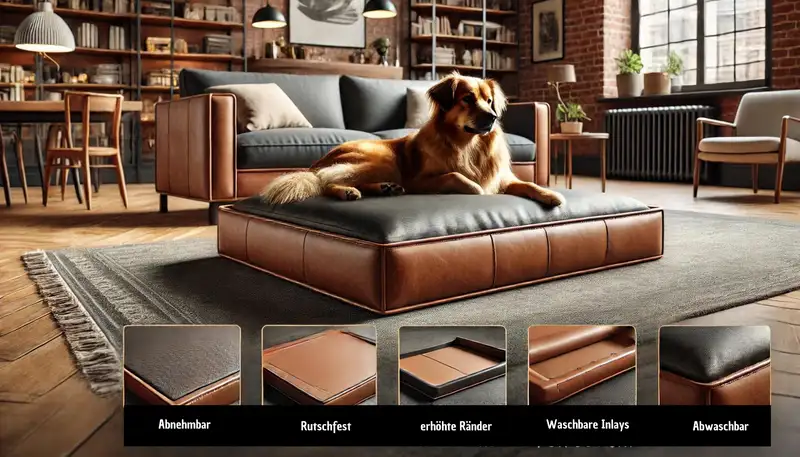 Orthopädisches Hundebett Kunstleder: Ein orthopädisches Hundebett aus Kunstleder in einem modernen, gemütlichen Wohnzimmer. Das Bett zeigt praktische Features wie eine rutschfeste Unterlage, abnehmbare und waschbare Bezüge sowie erhöhte Ränder für Komfort. Ein entspannter Hund liegt bequem darauf.