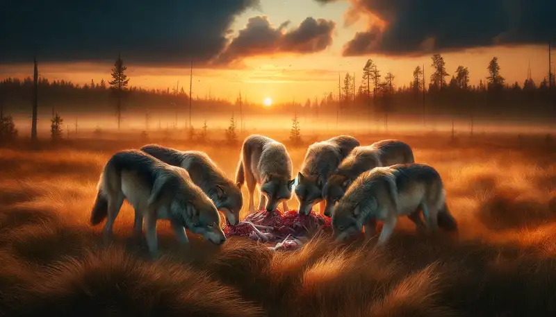 „Ein Wolfsrudel frisst gemeinsam in einer offenen Landschaft bei Sonnenuntergang, was die natürlichen Fressgewohnheiten und die Frage, "wie oft Hunde füttern?" sinnvoll ist, verdeutlicht.“