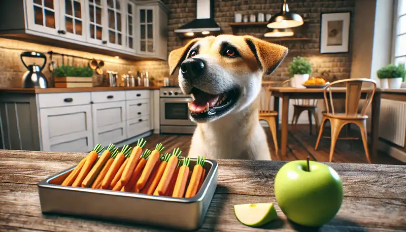 „Ein glücklicher Hund in einer modernen Küche freut sich auf gesunde Leckerlis wie Karotten und Apfelstücke, was die Bedeutung von Snacks im Training und die Frage, wie oft Hunde füttern, verdeutlicht.“