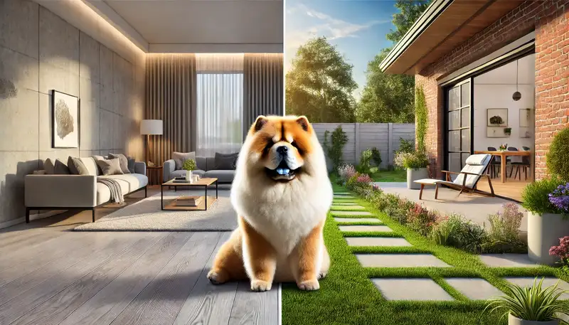 Ein Chow Chow sitzt stolz in der Mitte eines Bildes, das vertikal geteilt ist. Links ist ein modernes Apartment mit gemütlichen Möbeln und großen Fenstern, während rechts ein geräumiges Haus mit einem Garten und grüner Wiese zu sehen ist.